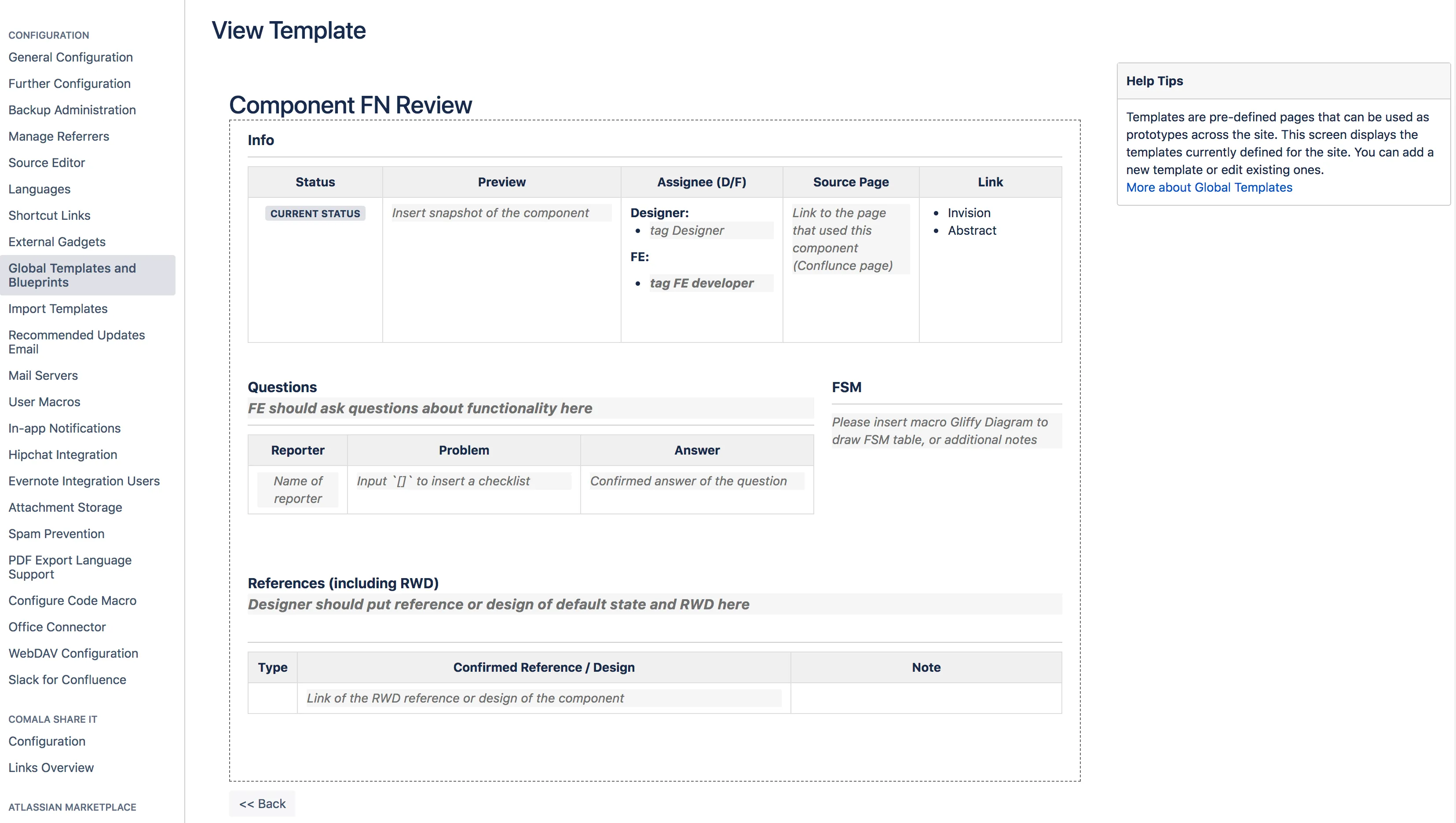 Custom template for component review in Confluence